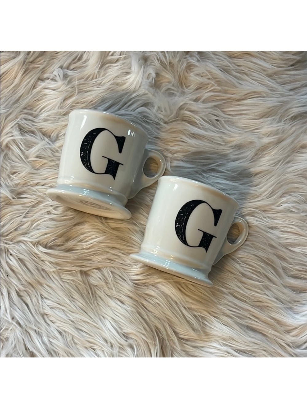 Anthropologie Black Letter G Coffee Mugs set White 4" Tall